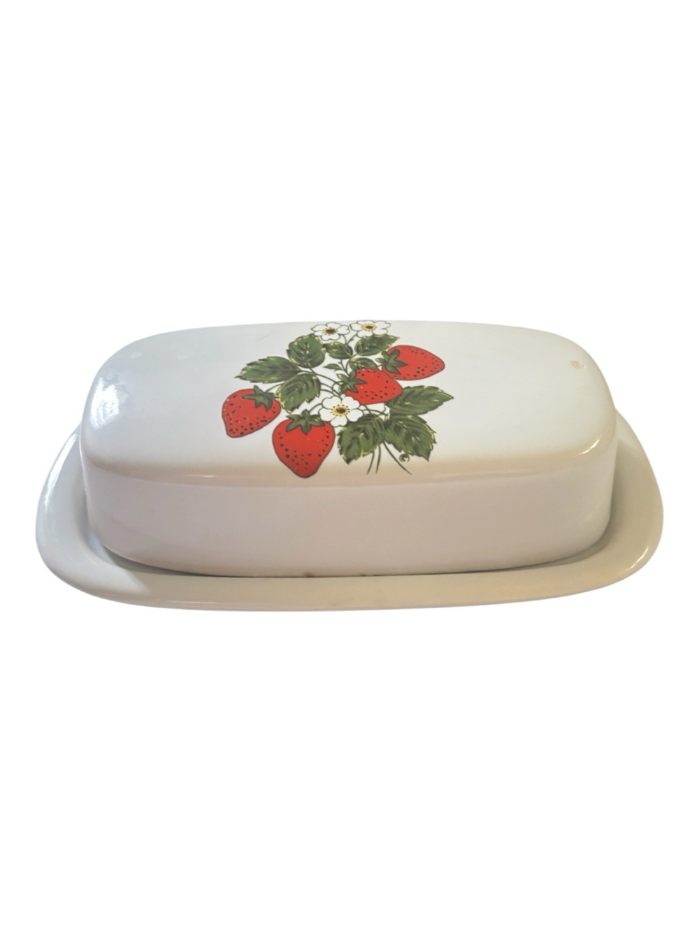 Mccoy White vintage Ceramic Butter Dish with Red Strawberry Motif